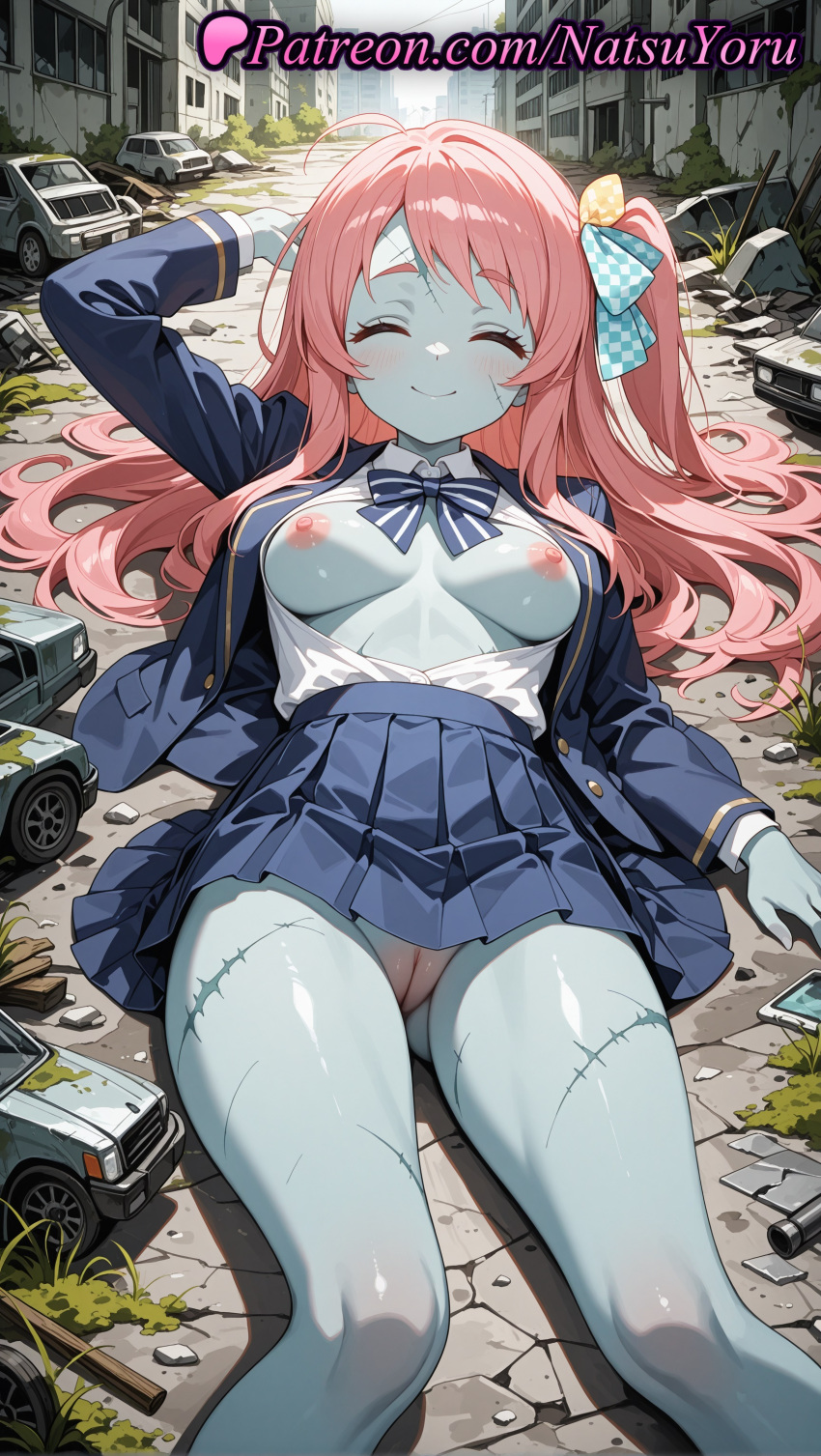 1girl 2025 ^_^ ahoge ai_assisted ai_generated anime anime_style arm_up bangs big_breasts blazer blouse blue_bow blue_bowtie blue_jacket blue_skin blue_skirt blush bow bowtie breasts breasts_apart breasts_out bust car cleft_of_venus closed_eyes closed_mouth collared_shirt colored_skin day facing_viewer feet_out_of_frame female_focus female_only ground_vehicle hair_bow hair_ornament hair_ribbon hentai high_quality high_res high_resolution jacket long_hair long_sleeves lying medium_breasts minamoto_sakura motor_vehicle natsuyoru nipples nipples_outside no_bra no_panties on_back one_arm_up one_side_up open_clothes open_jacket open_shirt outside paipan panties patreon pink_hair pleated_skirt polka_dot polka_dot_bow pussy red_hair ribbon ruins scar scar_across_eye scar_on_face scar_on_forehead school_uniform shirt side_ponytail skirt skirt_lift smile solo_female spread_legs stable_diffusion striped_bow striped_bowtie unbuttoned uncensored uncensored_nipples underwear voluptuous voluptuous_female white_shirt zombie zombie_land_saga